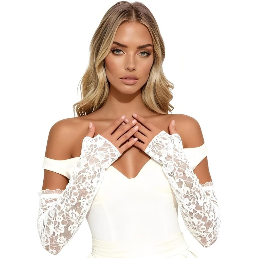 Women's White Fingerless Arm Sleeves Long Lace Gloves Wedding Party Accessories